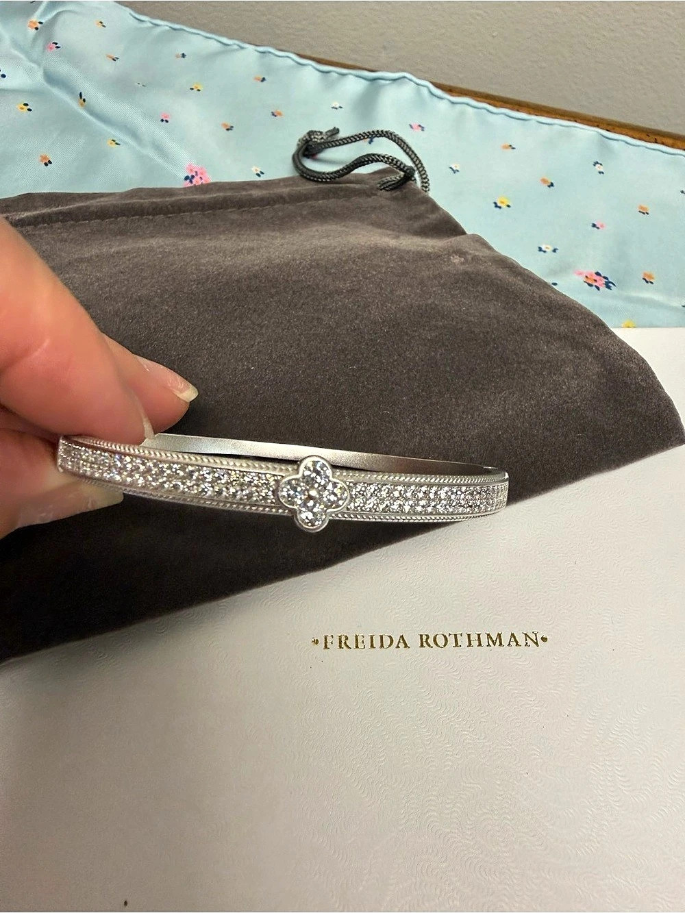 Freida Rothman Palladium Pavé CZ Clover Hinged Bangle Bracelet – Brass